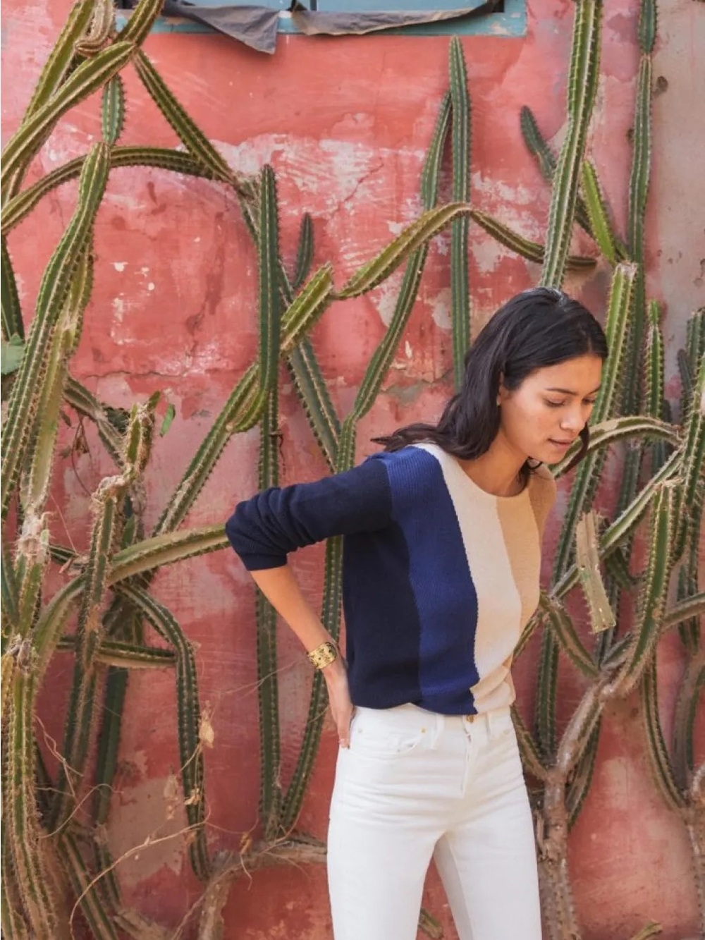 Sezane Crepin Jumper in Multi Marine Tobacco